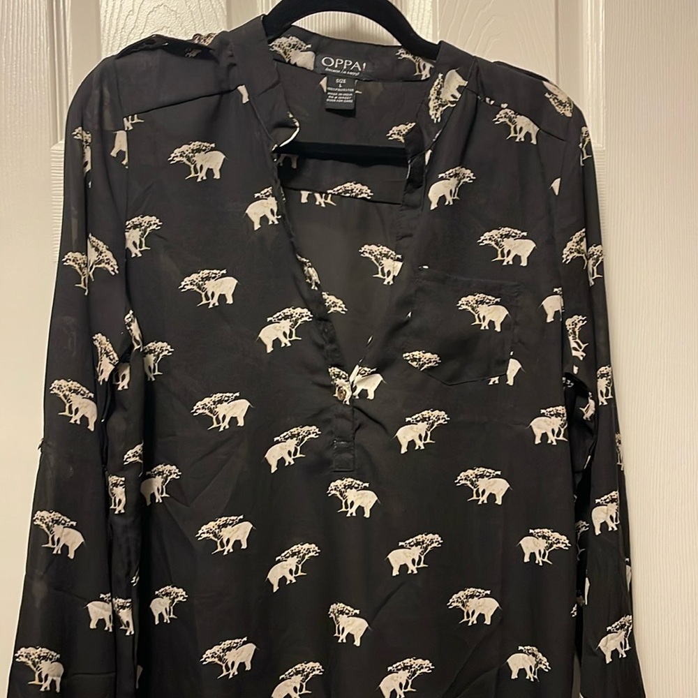 Oppa! Size L black polyester silky blouse. Slightly sheer.